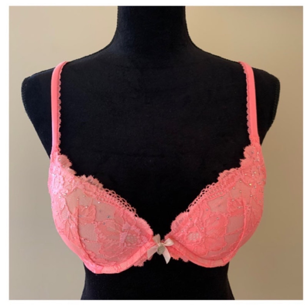 Victoria’s Secret Womens Junior Girls Pink Lace Push-up Bra Rhinestones Sz 32 C